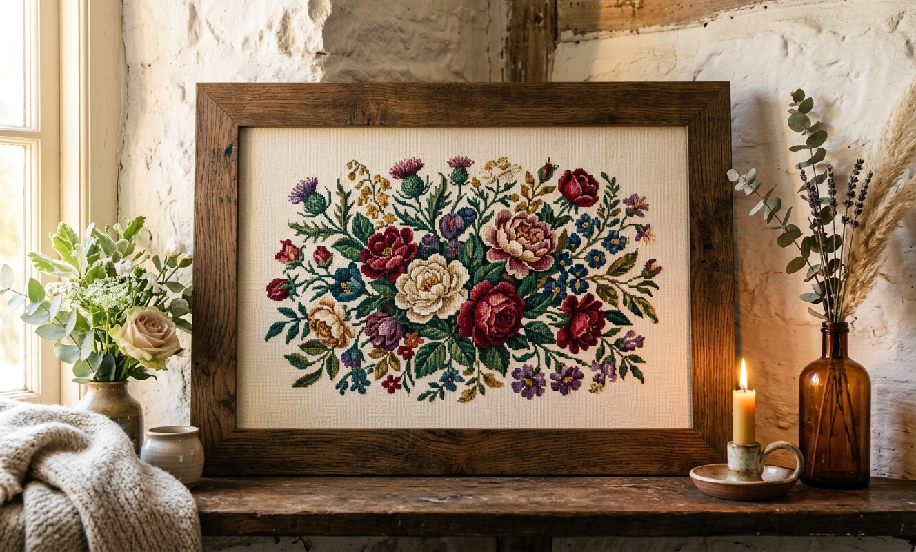 Framed large finished cross stitch botanical design in warm golden light against white wall