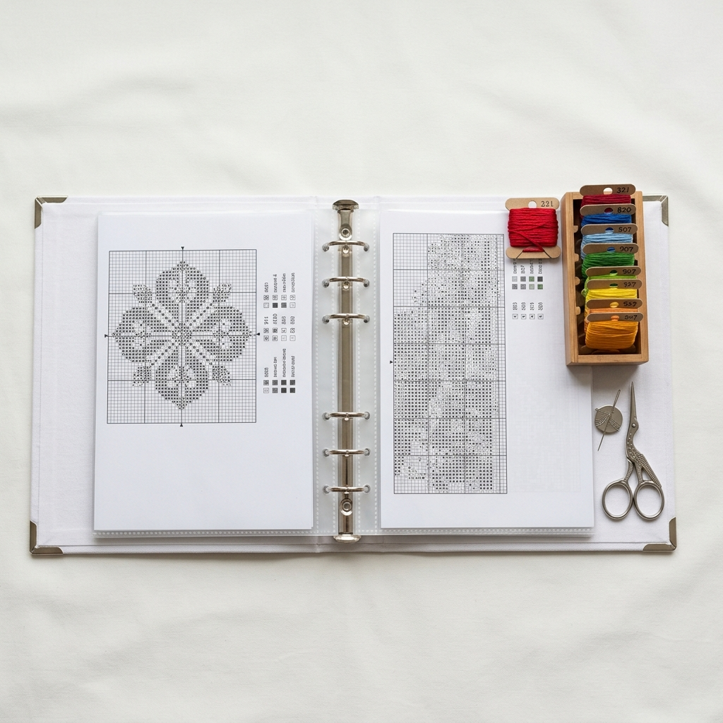 Cross stitch project organizer binder open with chart pages and thread bobbins