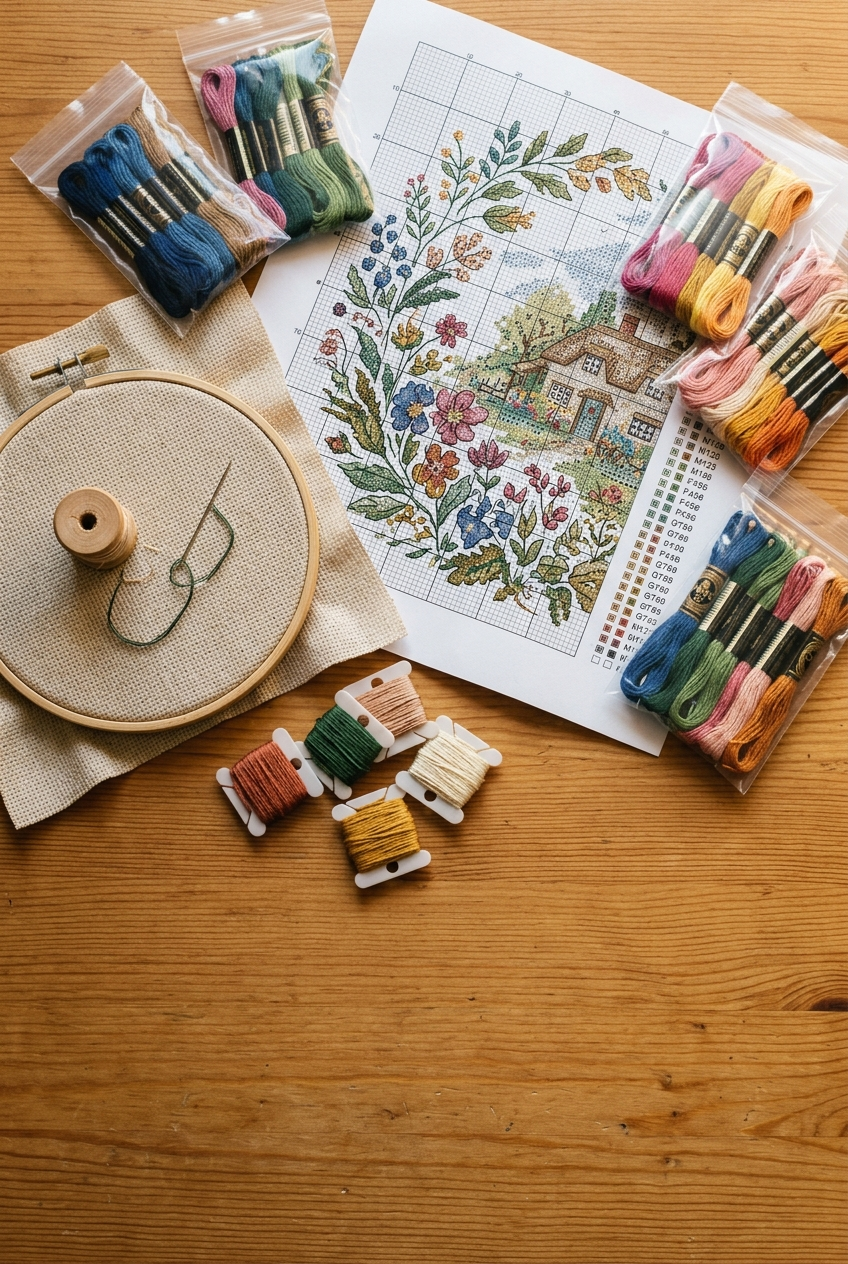 Cross stitch kit opened on a wooden table with DMC floss bags and floral pattern chart in morning light