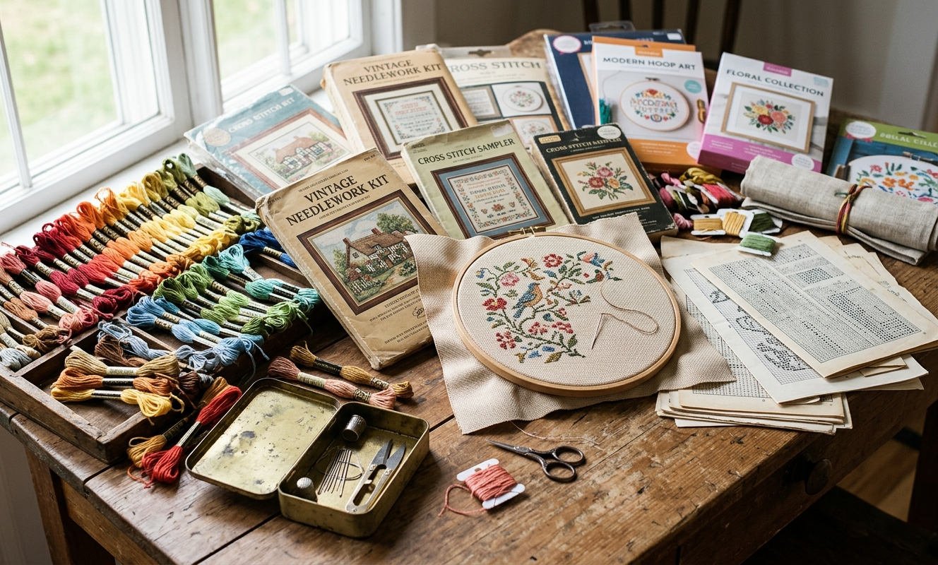 Vintage and new cross stitch kits spread across a wooden table like a discovered stash treasure in warm natural light