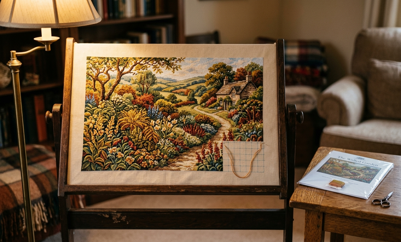 Large cross stitch nearly finished in a floor stand under warm lamp light with a new kit waiting beside it