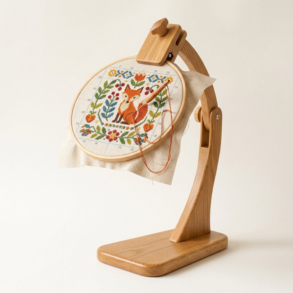 Cross stitch floor stand holding an embroidery hoop with a colorful project in progress on a clean white background