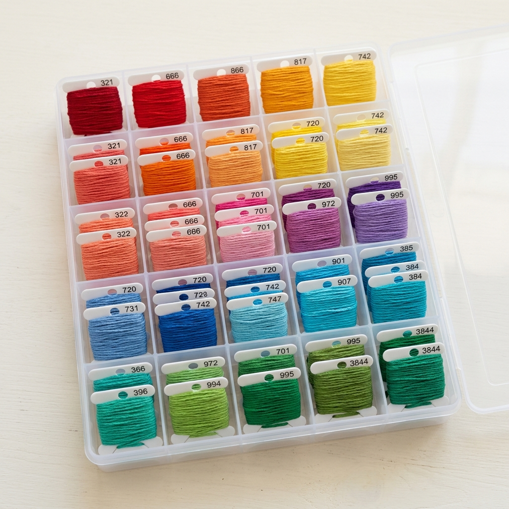 Open floss storage box filled with neatly wound and labeled DMC bobbins sorted by color family in warm light