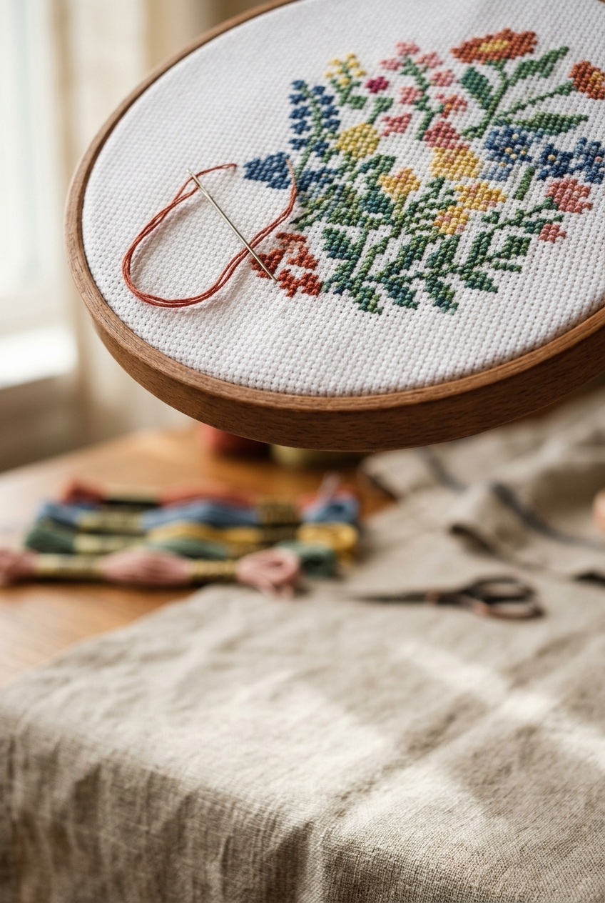 Close-up of even cross stitch stitches in a wooden hoop on Aida cloth
