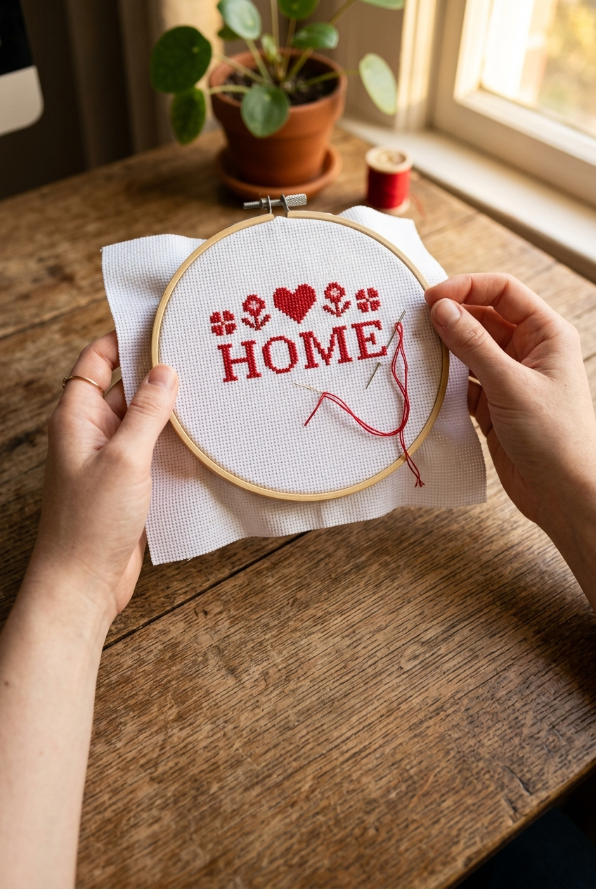 Hands demonstrating railroading technique with needle and floss on cross stitch fabric