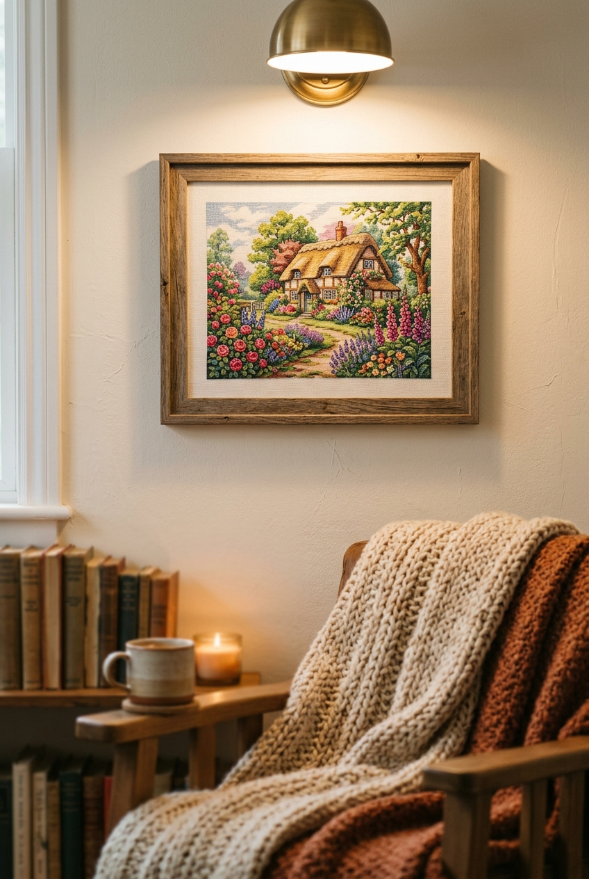 Framed cross stitch wall art with smooth even stitches in cozy home setting