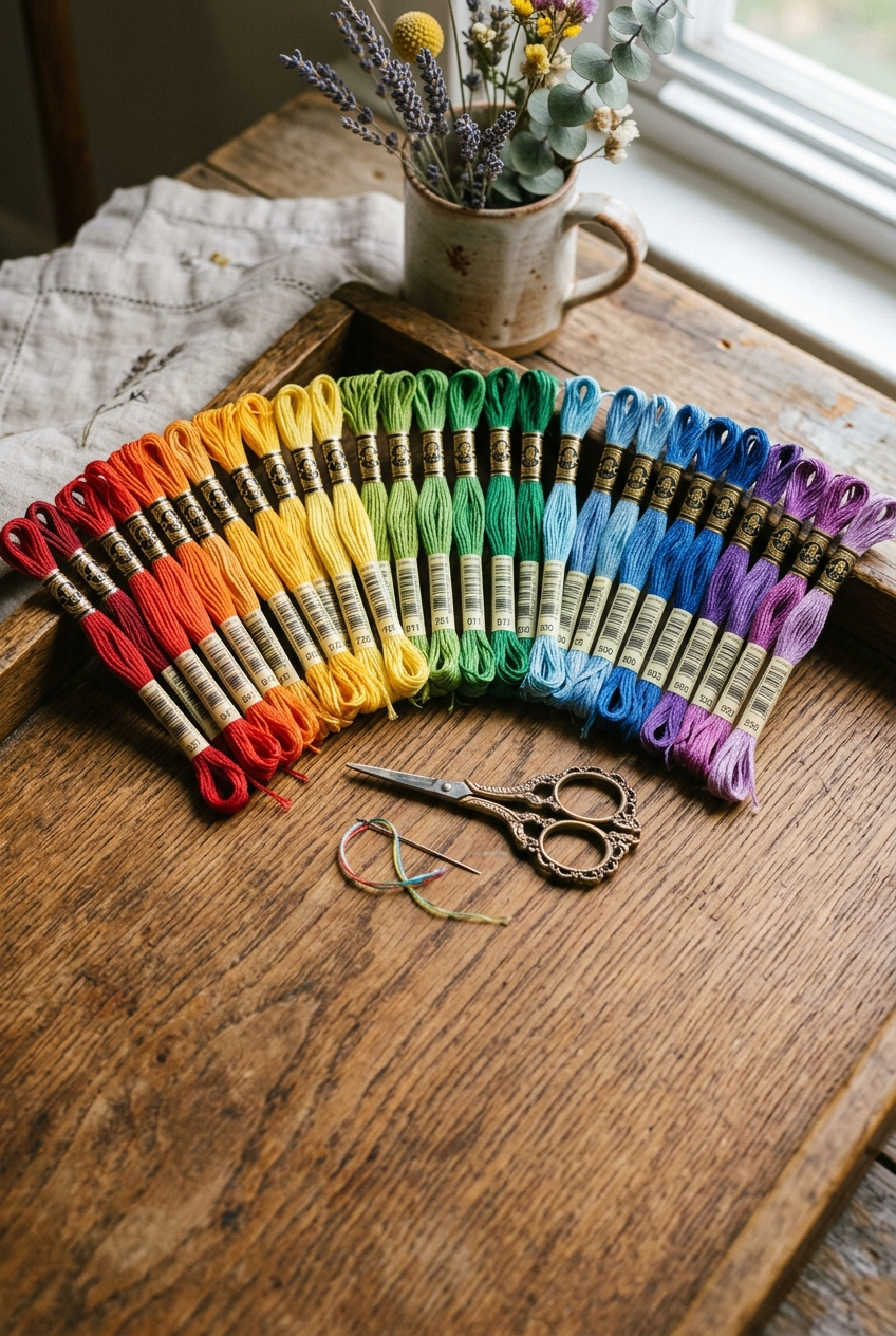 DMC embroidery floss skeins in rainbow colors arranged beside a wooden cross stitch hoop