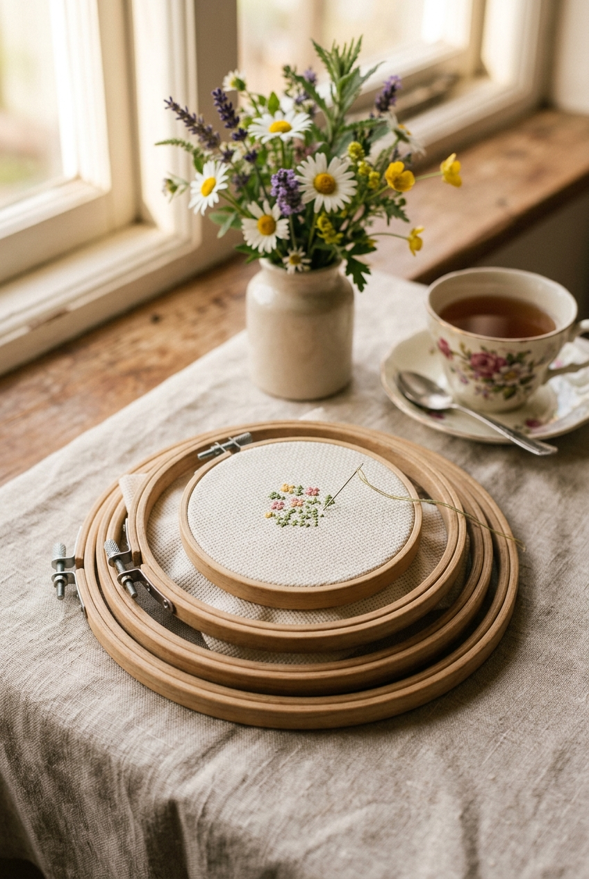Cross stitch supplies bundle with hoop, needles, Aida cloth, and scissors on wooden table