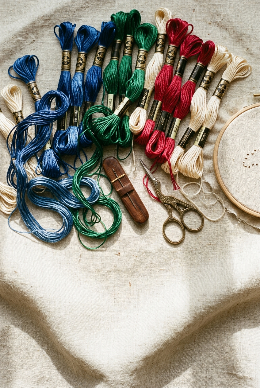 Satin embroidery floss skeins in jewel tones arranged on natural linen with embroidery scissors and hoop
