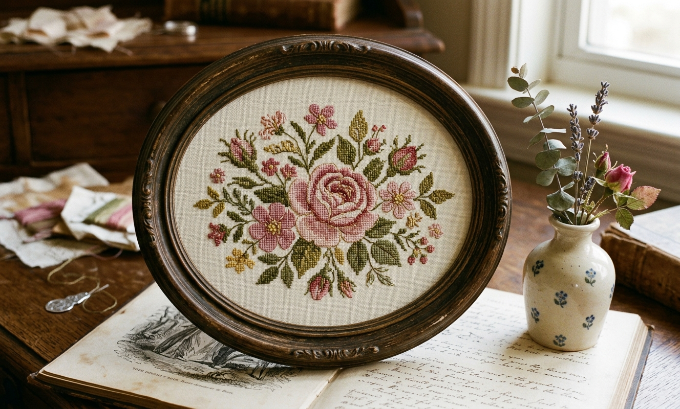 Finished cross stitch botanical in oval frame showing satin shimmer accents among cotton fill stitches