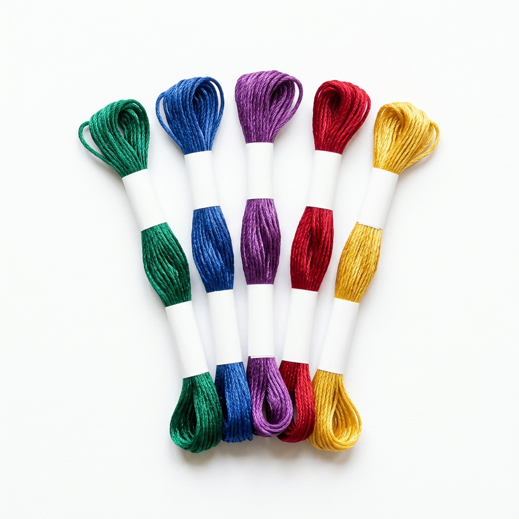 Satin rayon embroidery floss skeins in jewel tones fanned on white background for product photography