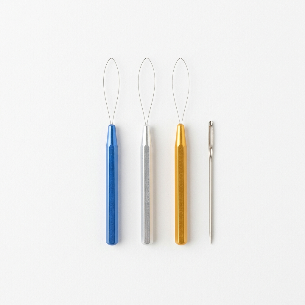 Fine wire needle threader set for embroidery beside a single needle on white background