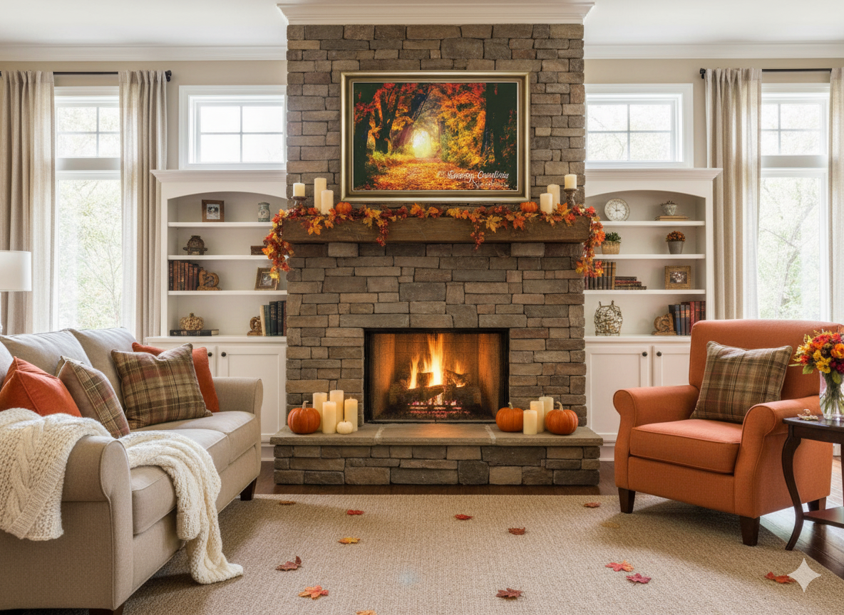 Framed cross stitch art featuring a vibrant autumn forest path with golden leaves, hung above a rustic stone fireplace in a beautifully decorated fall living room.