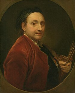 Self-Portrait of Italian Artist Pompeo Batoni in a Red Coat An oil on canvas self-portrait of artist Pompeo Batoni. He is depicted from the chest up, wearing a formal red velvet coat with a white cravat. He has a dignified expression with graying hair, looking slightly to the side. The lighting highlights his features against a dark, neutral background, showcasing the polished precision of his 18th-century academic style.