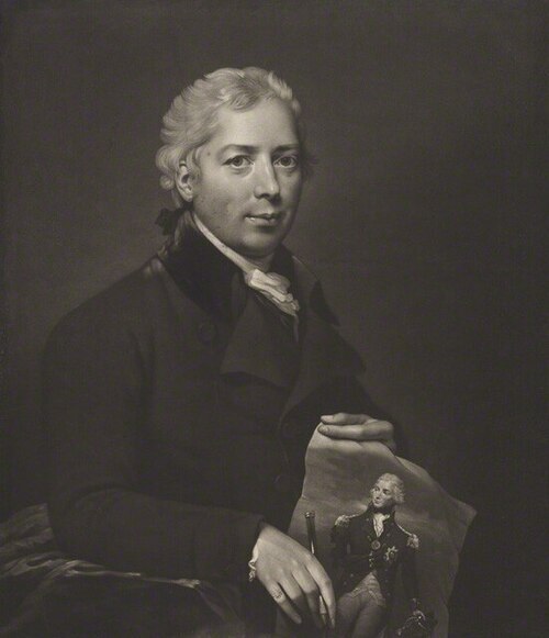 A black-and-white mezzotint engraving showing a bust-length portrait of artist Lemuel Francis Abbott. He is wearing a powdered 18th-century wig and a dark, high-collared coat over a white cravat. His face is shown in a three-quarter view, looking slightly away from the viewer with a thoughtful expression. The image features the soft, tonal gradients characteristic of the mezzotint technique used to reproduce his oil paintings.