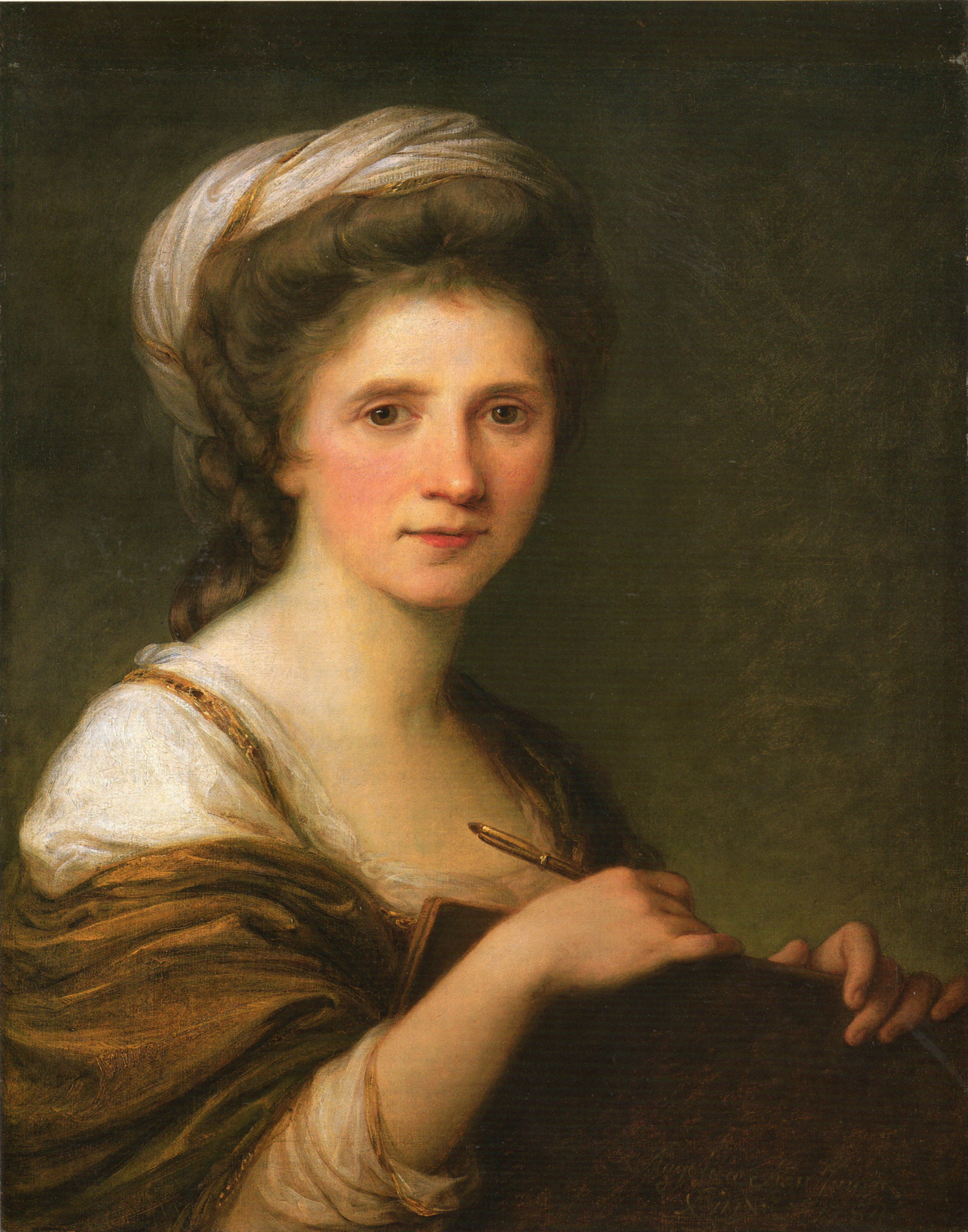 A self-portrait painting by Angelica Kauffmann, showing the artist in a moment of decision, positioned between two female allegorical figures representing the arts of Painting and Music.