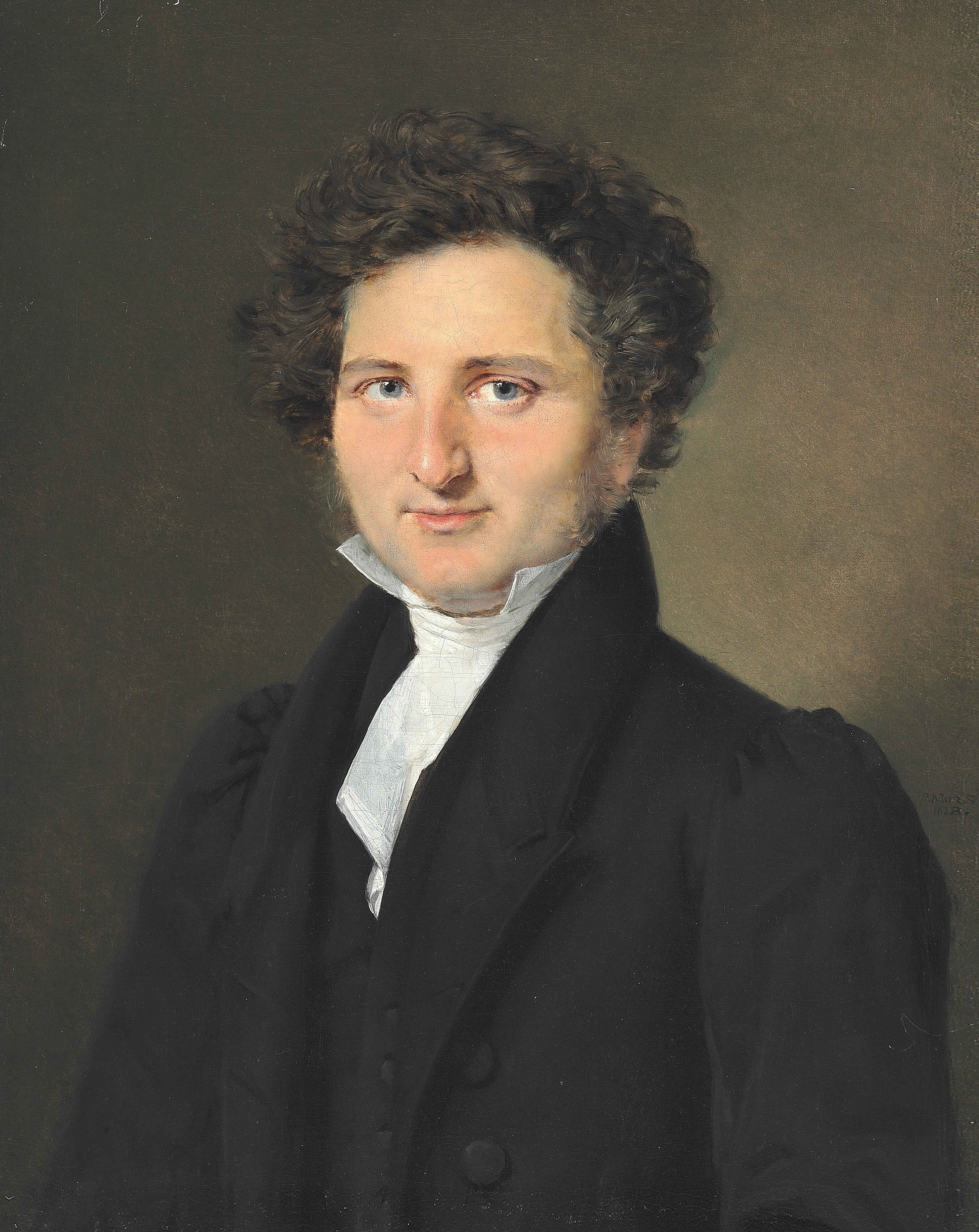 Portrait of Johan Laurentz Jensen, Danish Flower Painter A 19th-century oil portrait of the Danish Golden Age painter Johan Laurentz Jensen, showing a man with dark hair, a high collar, and a formal dark coat, looking slightly to the side with a serious expression.