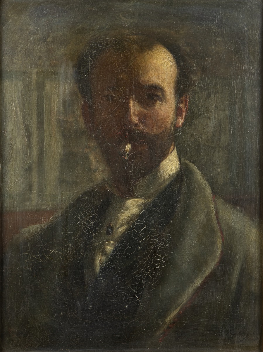 An oil on canvas self-portrait of the Scottish artist David Comba Adamson. He is depicted in a thoughtful pose, capturing the realistic yet expressive style of late 19th-century British portraiture. The image highlights his skill in rendering light and skin tones, typical of his academic training under French masters.