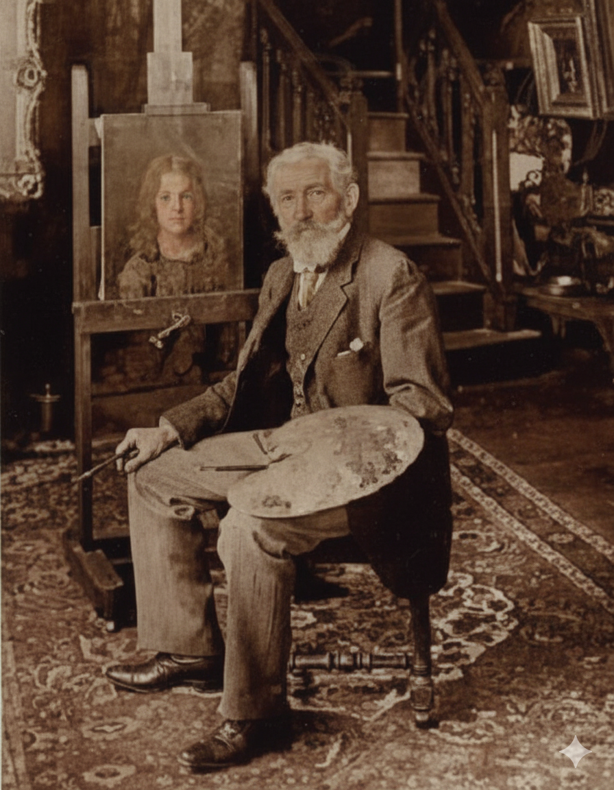 Photograph of Alexei Harlamoff, Master of the Child Portrait Historical photograph of the Russian Academic painter Alexei Harlamoff, whose romantic portraits of young girls are available as cross stitch patterns and kits.