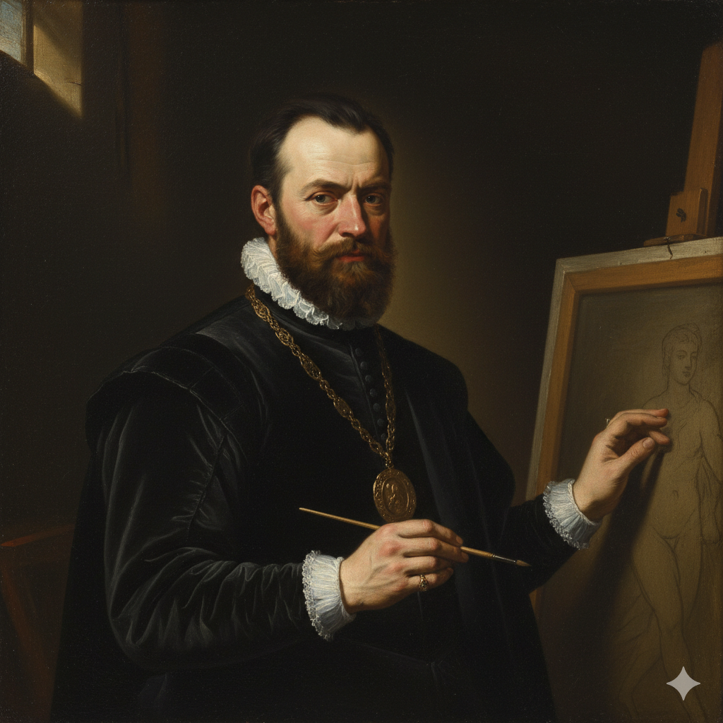 A self-portrait painting by Abraham Janssens, depicting the artist in dark, elegant attire with a beard, holding a paintbrush and looking directly at the viewer, with a drawing on an easel to his right.