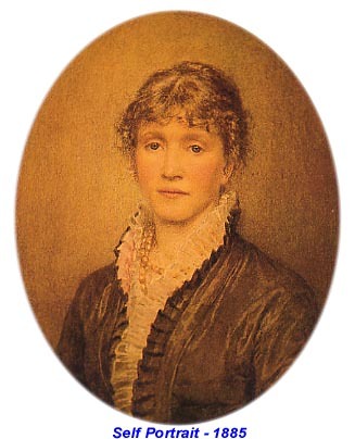 A 1903 black-and-white photograph of the British artist Helen Allingham. She is shown in a seated, half-length portrait with her hair styled in a classic Victorian updo. She wears a dark, patterned dress with high-necked lace detailing, looking toward the viewer with a dignified and thoughtful expression. This image captures the professional presence of the first woman to be elected a full member of the Royal Watercolour Society.