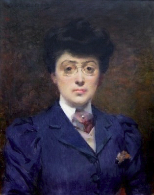 An oil painting showing a front-facing bust portrait of artist Louise Abb&eacute;ma. She has dark, upswept hair and wears thin-rimmed spectacles. She is dressed in a structured, dark blue jacket with puffed shoulders, a white high-collared shirt, and a mauve necktie. The background is a dark, mottled brown with expressive, rapid brushstrokes typical of her academic and Impressionist-influenced style.