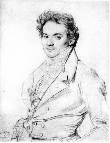 A delicate graphite pencil portrait of Jean Alaux, created by his contemporary Jean-Auguste-Dominique Ingres. The sketch shows Alaux from the waist up, dressed in an early 19th-century high-collared coat and cravat. His expression is gentle yet focused, capturing the intellectual and refined character of the Director of the French Academy in Rome.
