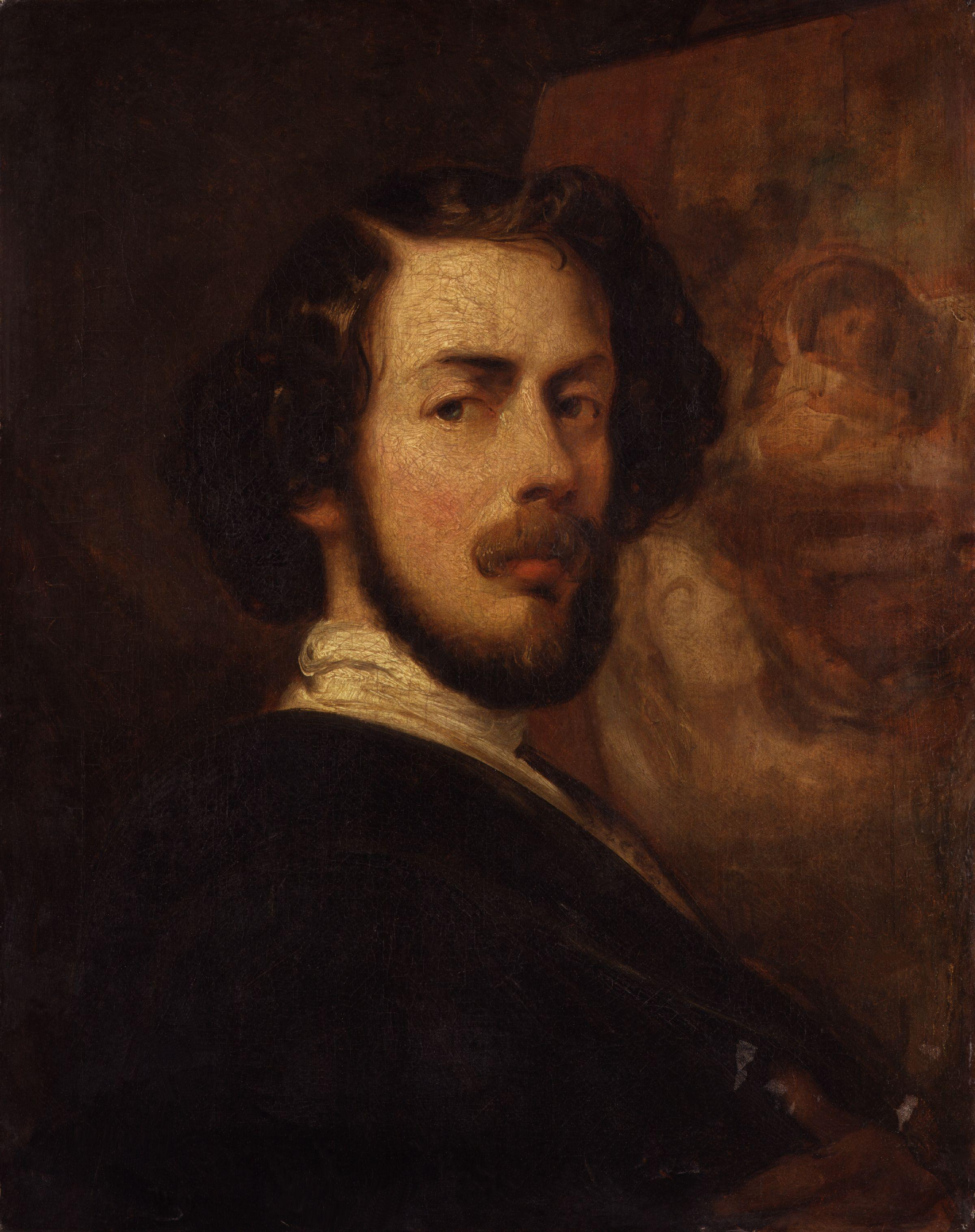 self portrait: Thomas Jones Barker Portrait of Thomas Jones Barker, the renowned Victorian military and historical painter, featured for noble equestrian and battle-themed counted cross stitch patterns by Sunrays Creations