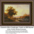 An Extensive River Landscape with a Castle on a Hill Beyond, Waterscapes Counted Cross Stitch Patterns, Fine Art Counted Cross Stitch Pattern