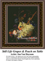 Still Life Grapes & Peach on Table, Still Lifes Counted Cross Stitch Pattern, Fine Art Counted Cross Stitch Pattern