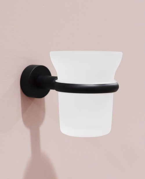Nero glass tumbler and holder satin black
