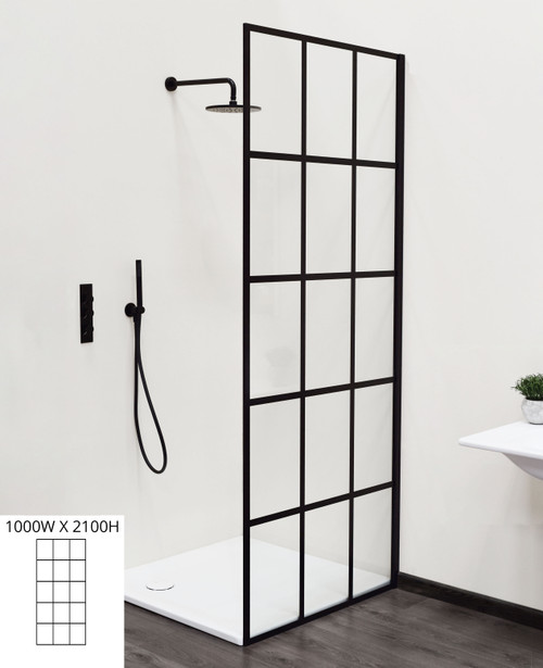 Grid 1000W x 2100H fixed shower panel satin black/clear glass