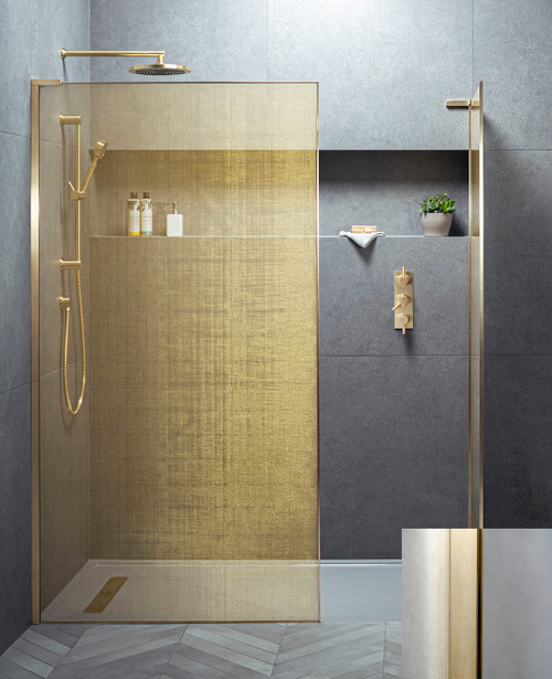Eauzone EWMP framed wetroom panel with gold mesh and polished brass frame - size options