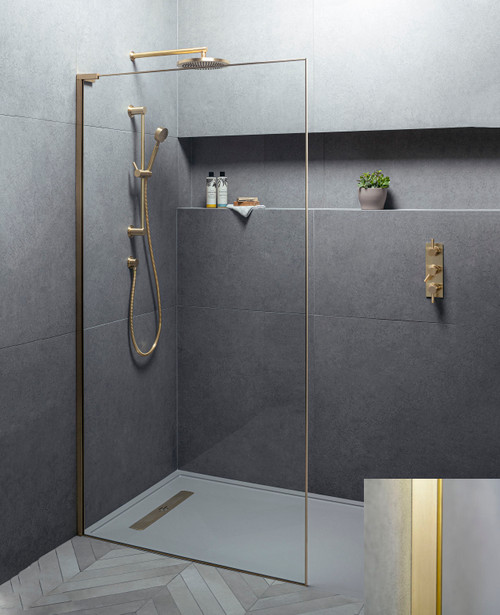 Eauzone EWFP framed wetroom panel with clear glass and brushed brass frame - size options