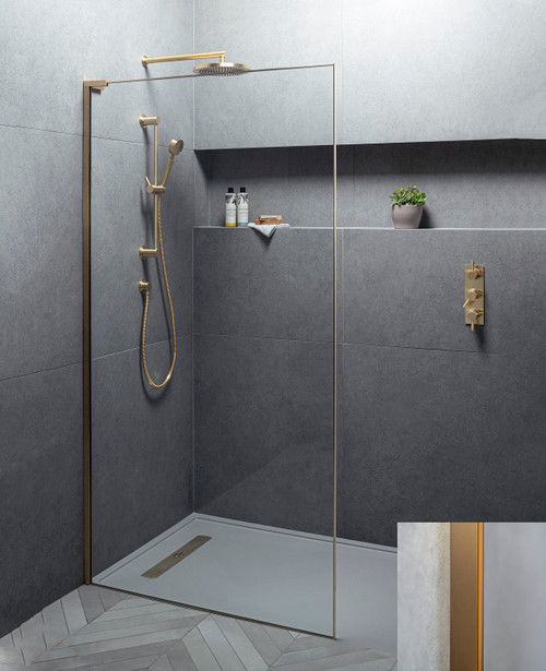 Eauzone EWFP framed wetroom panel with clear glass and aged brass frame - size options