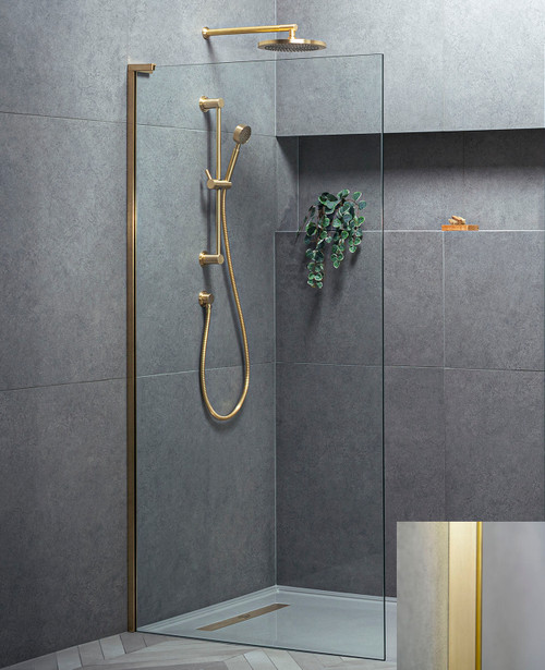 Eauzone EWP wetroom panel with clear glass and brushed brass frame - size options