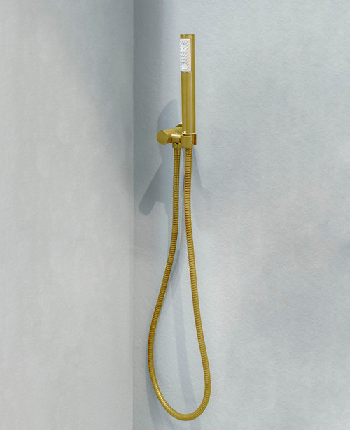 Acme handshower kit with handshower, hose, wall outlet and holder scuffed brass