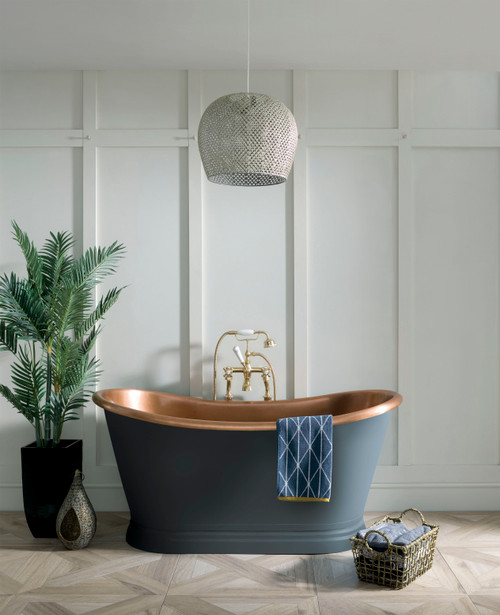 Astonian Copper roll top bath antique copper, stiffkey blue exterior - size options