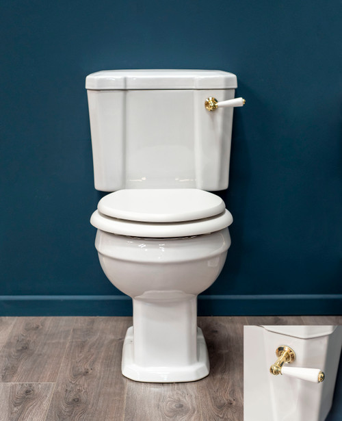 Carlton close coupled WC suite with polished brass lever