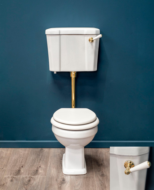 Carlton low level WC suite with polished brass flushpipe and lever