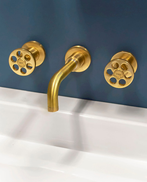 Astonian Index 3-hole wall mounted basin mixer with short spout scuffed brass