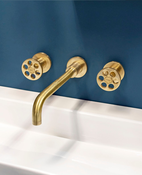 Astonian Index 3-hole wall mounted basin mixer with extra long spout scuffed brass