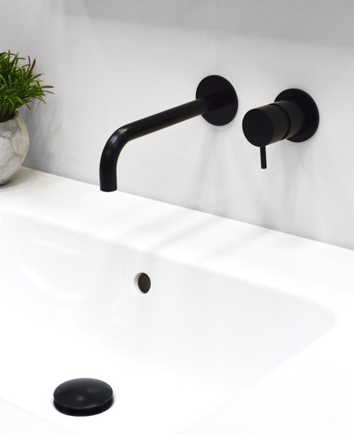 Nero 2-hole wall mounted basin mixer round flanges 190mm spout satin black