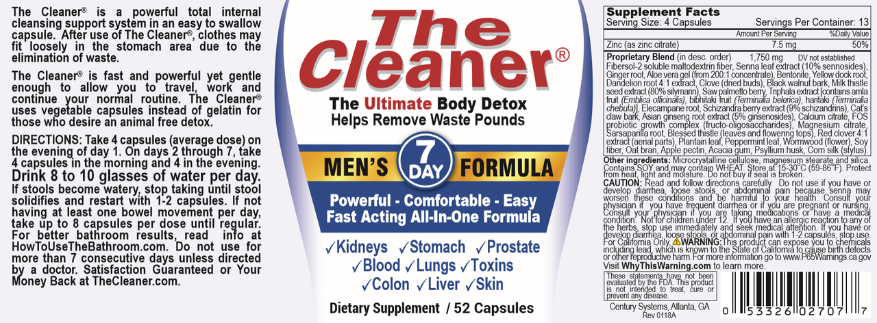 Century Systems The Cleaner Men's 7 Day Formula - The Ultimate Body Detox  (52 Capsules)
