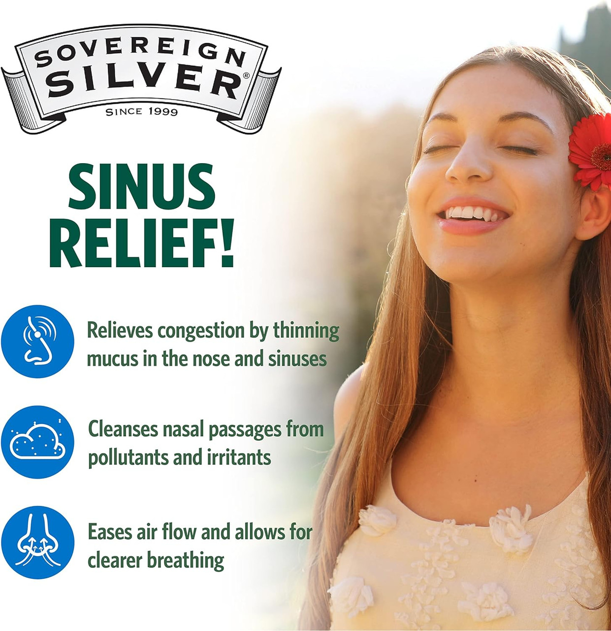 Sovereign Silver Bio-Active Silver Hydrosol relieves congestion by thinning mucus in the nose and sinuses, cleanses nasal passages from pollutants and irritants, eases air flow and allows for clearer breathing