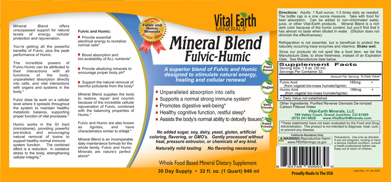 Vital Earth Mineral Supplement - Fulvic, Humic liquid minerals. Supplement Label