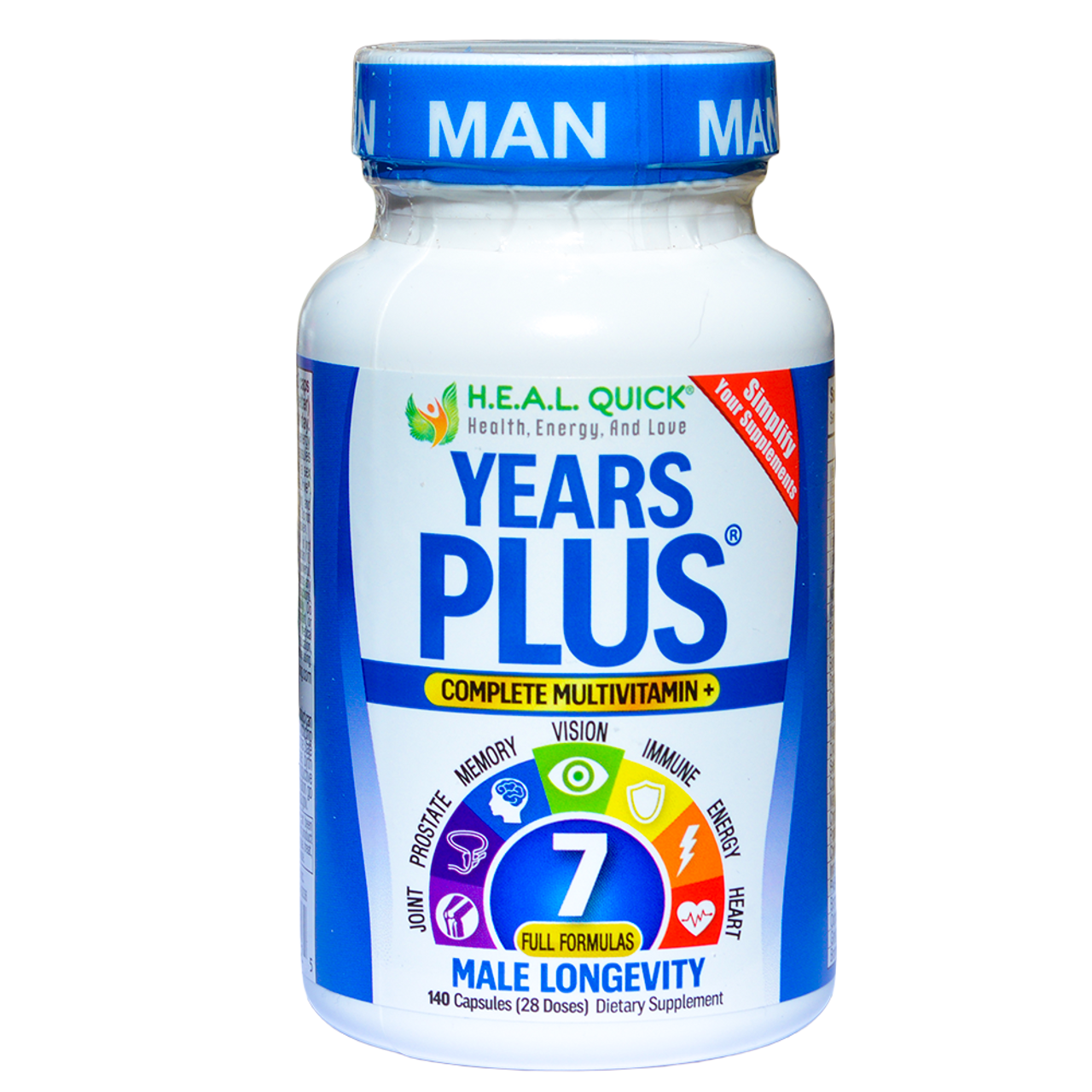 Years Plus Men's Complete Multivitamin + 7 Full Formulas contains vitamins, minerals, herbs and botanicals to address concerns like memory, vision, sexual health, prostate, hormonal balance, energy levels, bone health, vision, and immune function.