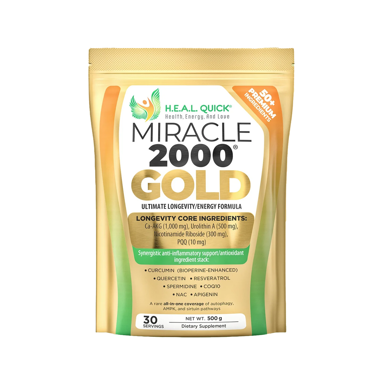 Miracle 2000 GOLD is the Ultimate Longevity, Energy + Multivitamin featuring Ca-AKG, Urolithin A, Nicotinamide Riboside (NR), and PQQ, plus a complete spectrum of vitamins, minerals, antioxidants, botanicals, and mitochondrial cofactors that nourish multiple body systems.