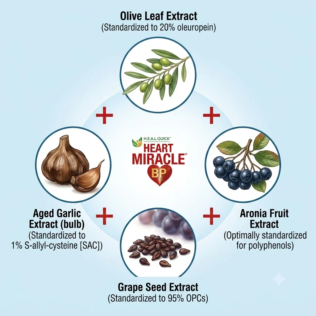 Olive Leaf Extract - Standardized to 20% Oleuropein
Aronia Fruit Extract - Optimally Standardized for Polyphenols. Delivers powerful berry polyphenols to protect blood vessels from free radical damage.
Grape Seed Extract - Standardized to 95%. Supplies highly concentrated OPCs to protect the delicate inner lining of blood vessels.
Aged Garlic Extract - Standardized to 1% S-Allyl-Cysteine [SAC]. Supports healthy circulatory function, smooth blood flow efficiency and cardiovascular oxidative defense. Supports healthy circulatory function, smooth blood flow efficiency and cardiovascular oxidative defense.