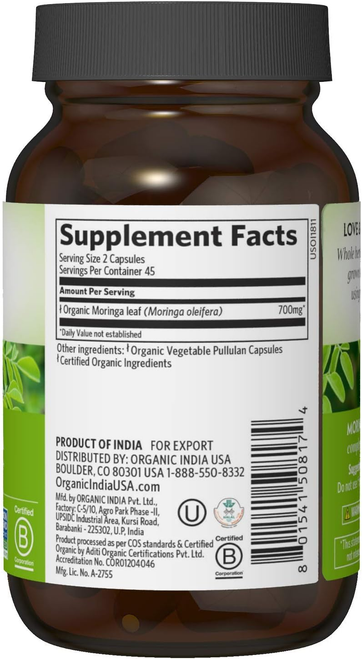 Organic India Moringa (Moringa Oleifera) Supplement Facts 